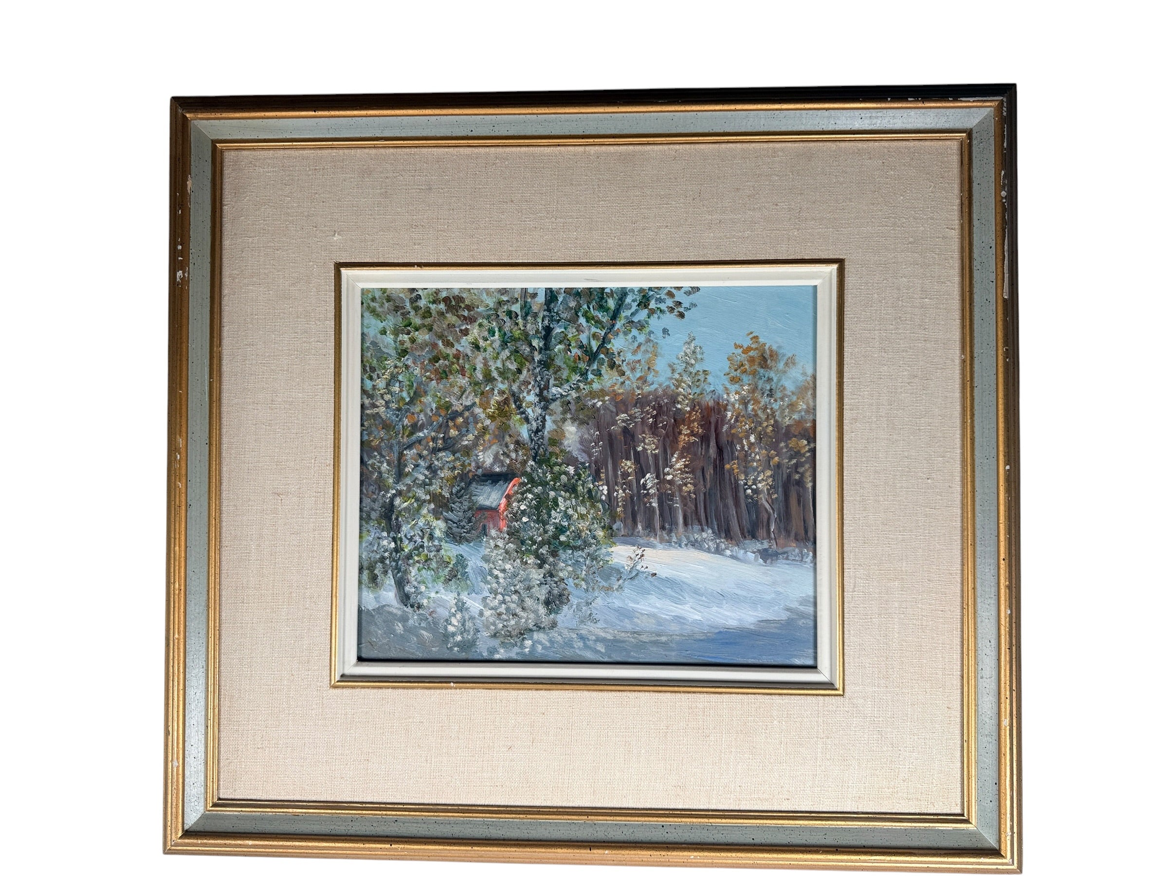 Original Georges Y. Boka winter landscape oil painting featuring a red cottage in a snowy Quebec setting. Framed Canadian artwork with rich impasto texture.