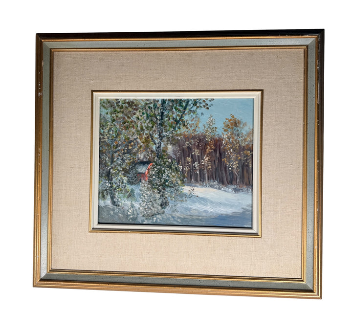 Original Georges Y. Boka winter landscape oil painting featuring a red cottage in a snowy Quebec setting. Framed Canadian artwork with rich impasto texture.