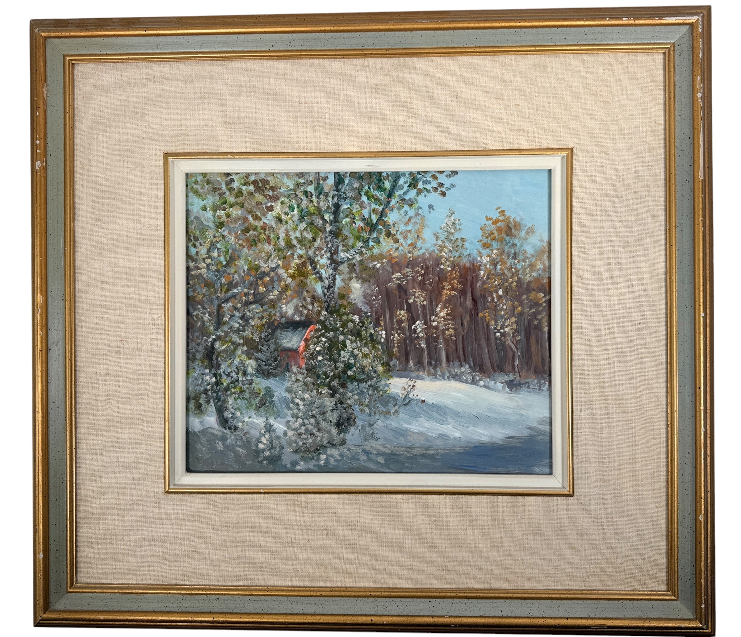 Original Georges Y. Boka winter landscape oil painting featuring a red cottage in a snowy Quebec setting. Framed Canadian artwork with rich impasto texture.