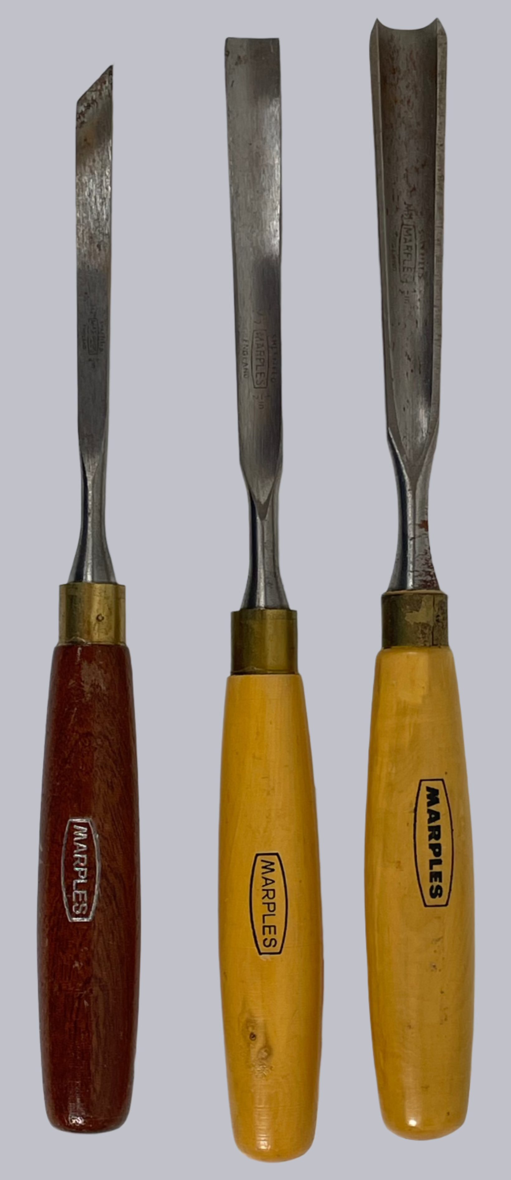Vintage Marples Sheffield Wood Carving Chisel Set (3 pcs) – Brass Ferrules – Beech & Hardwood Handles