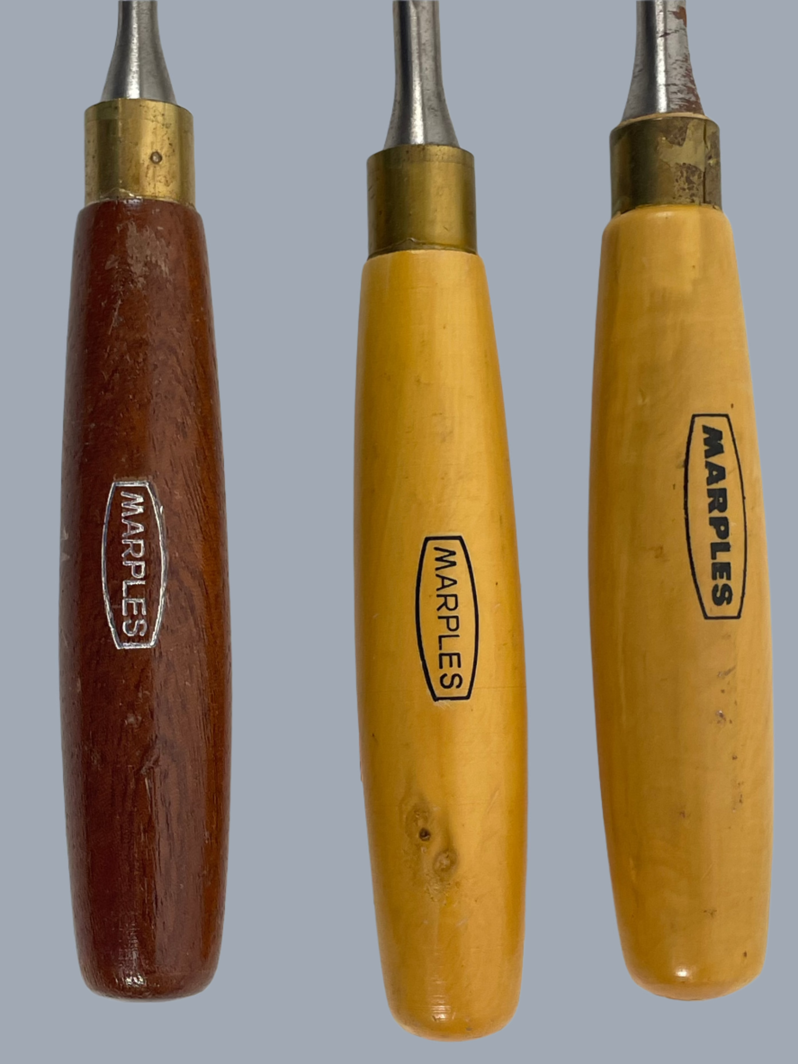 Vintage Marples Sheffield Wood Carving Chisel Set (3 pcs) – Brass Ferrules – Beech & Hardwood Handles