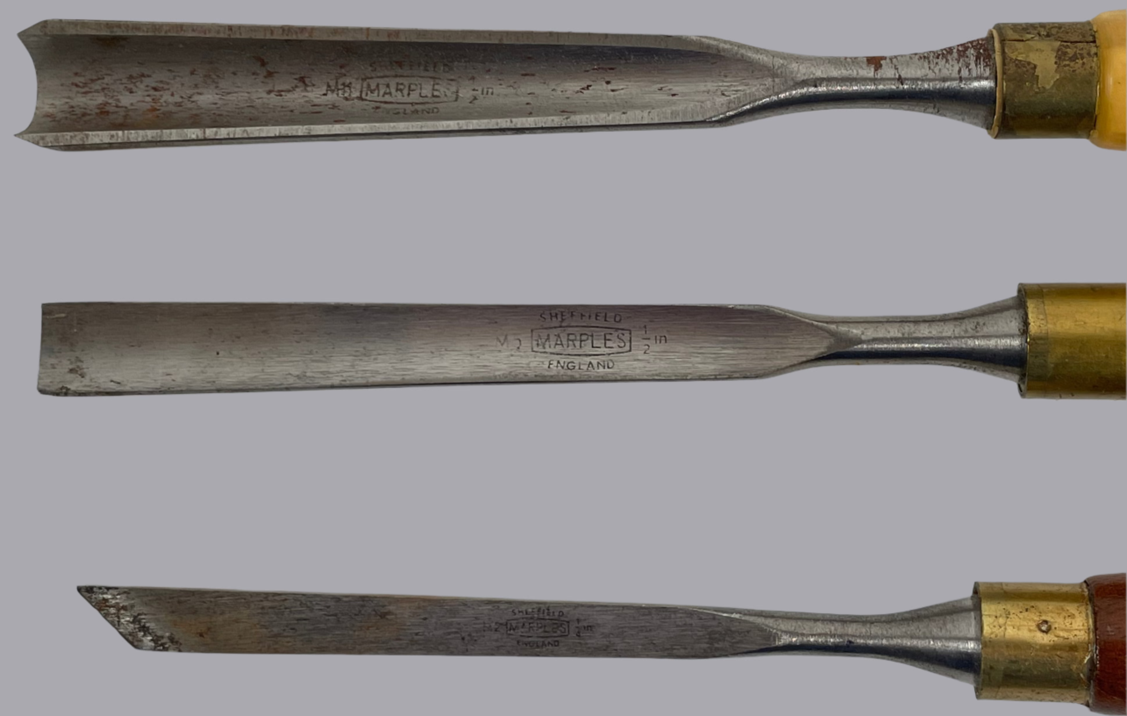 Vintage Marples Sheffield Wood Carving Chisel Set (3 pcs) – Brass Ferrules – Beech & Hardwood Handles