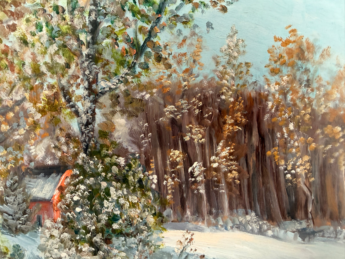 Original Georges Y. Boka winter landscape oil painting featuring a red cottage in a snowy Quebec setting. Framed Canadian artwork with rich impasto texture.