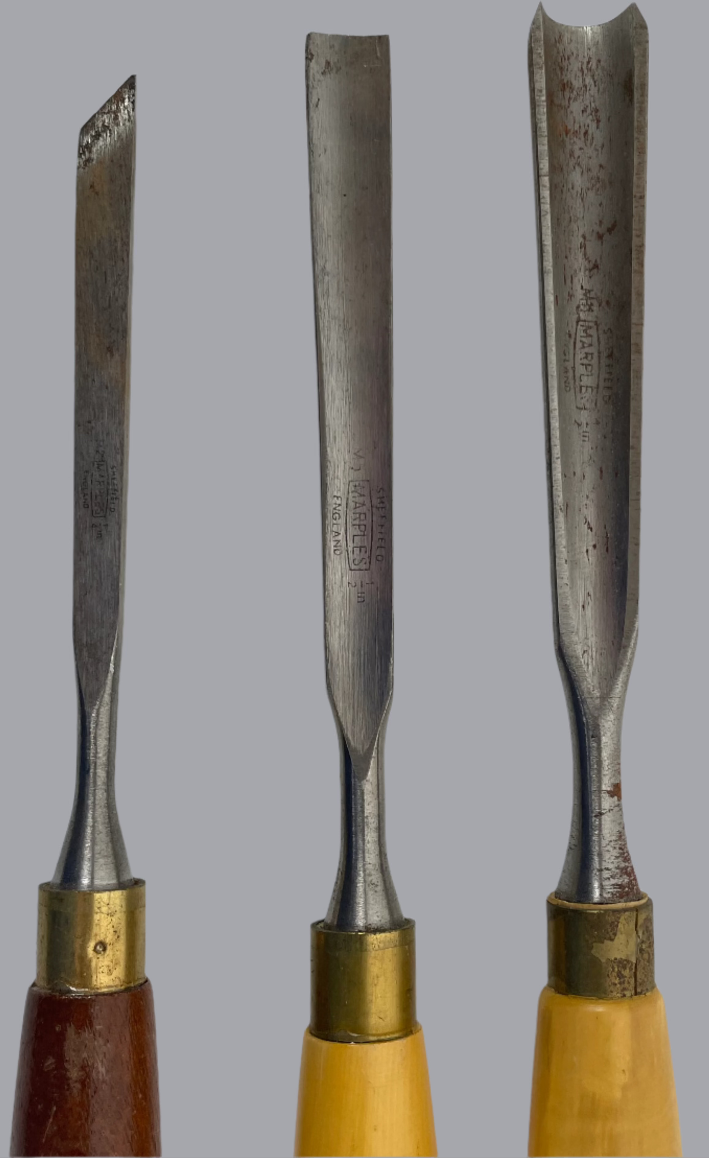 Vintage Marples Sheffield Wood Carving Chisel Set (3 pcs) – Brass Ferrules – Beech & Hardwood Handles