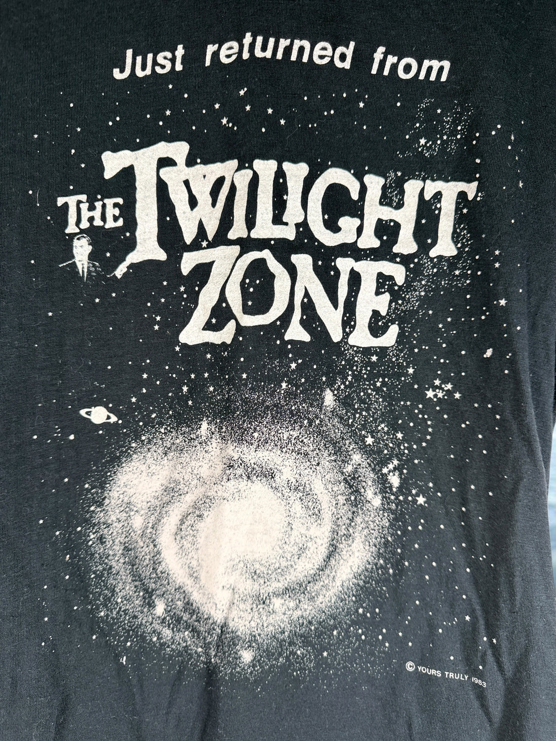 Authentic 1983 Twilight Zone vintage T-shirt on a Healthknit USA tag. Rare science fiction graphic tee featuring original artwork and classic 1980s styling.