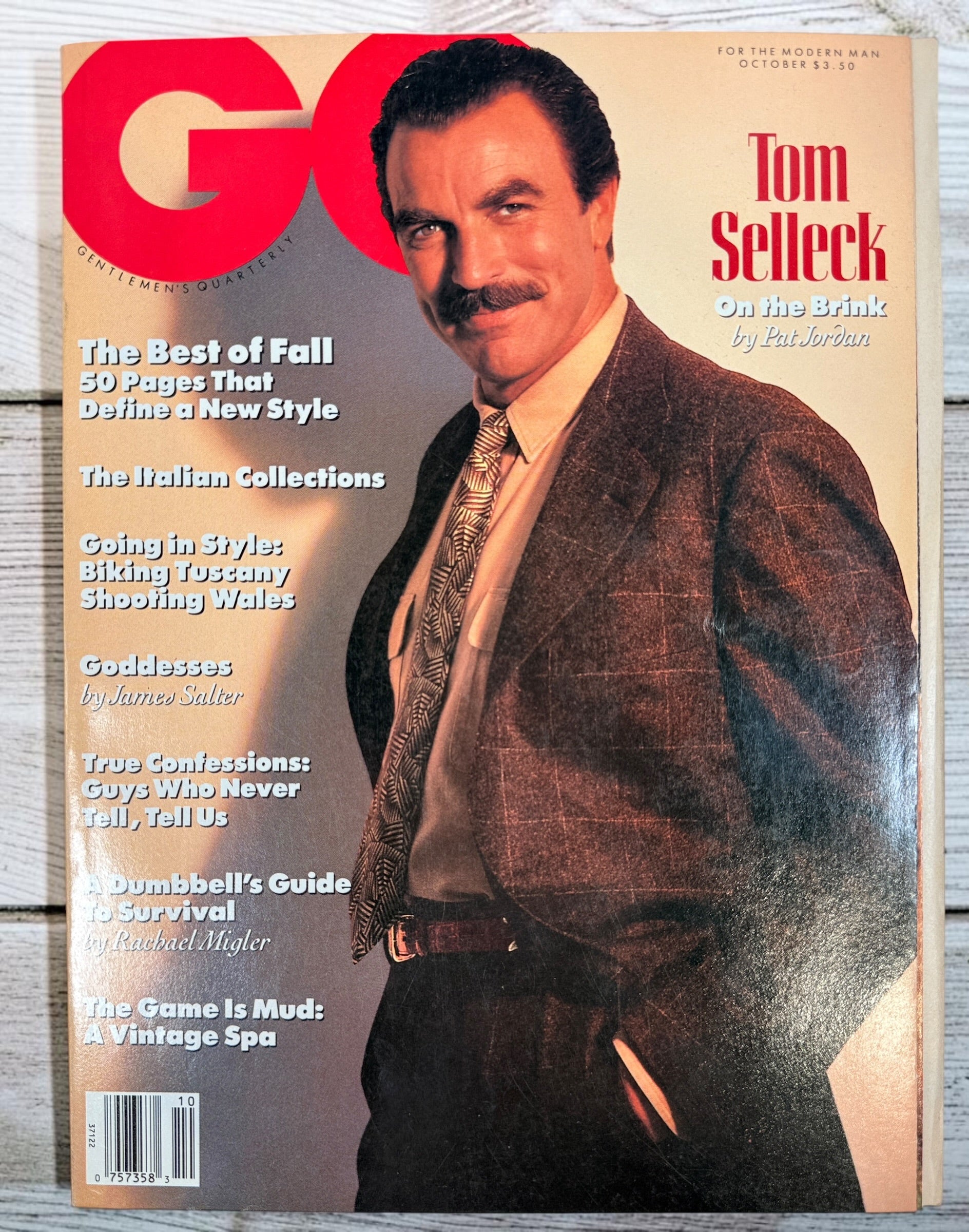 Vintage GQ October 1989 magazine featuring Tom Selleck cover story, Fall fashion editorial, Italian collections, Tuscany travel, and classic menswear content.