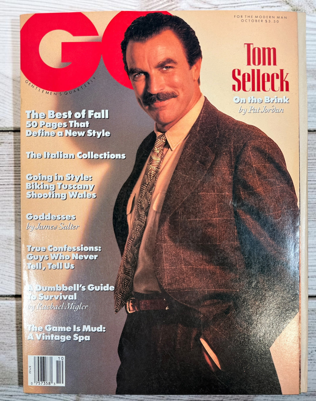 Vintage GQ October 1989 magazine featuring Tom Selleck cover story, Fall fashion editorial, Italian collections, Tuscany travel, and classic menswear content.