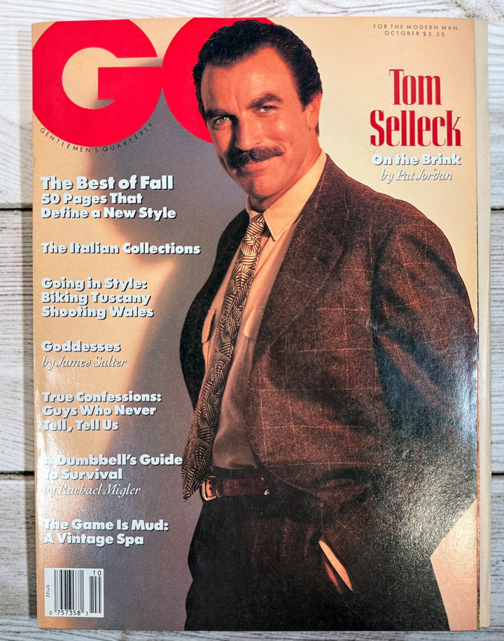 Vintage GQ October 1989 magazine featuring Tom Selleck cover story, Fall fashion editorial, Italian collections, Tuscany travel, and classic menswear content.
