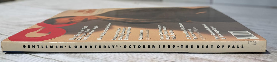 Vintage GQ October 1989 magazine featuring Tom Selleck cover story, Fall fashion editorial, Italian collections, Tuscany travel, and classic menswear content.