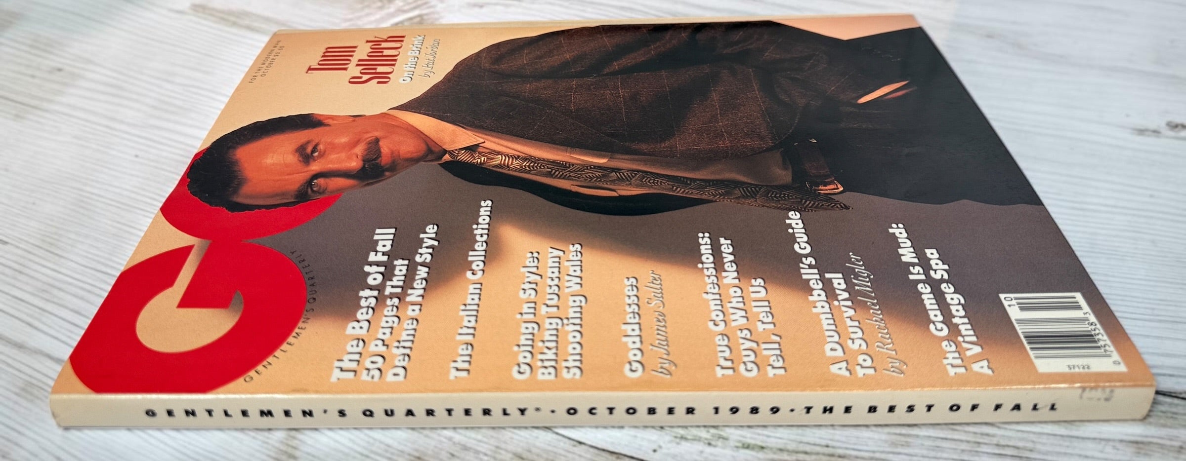 Vintage GQ October 1989 magazine featuring Tom Selleck cover story, Fall fashion editorial, Italian collections, Tuscany travel, and classic menswear content.
