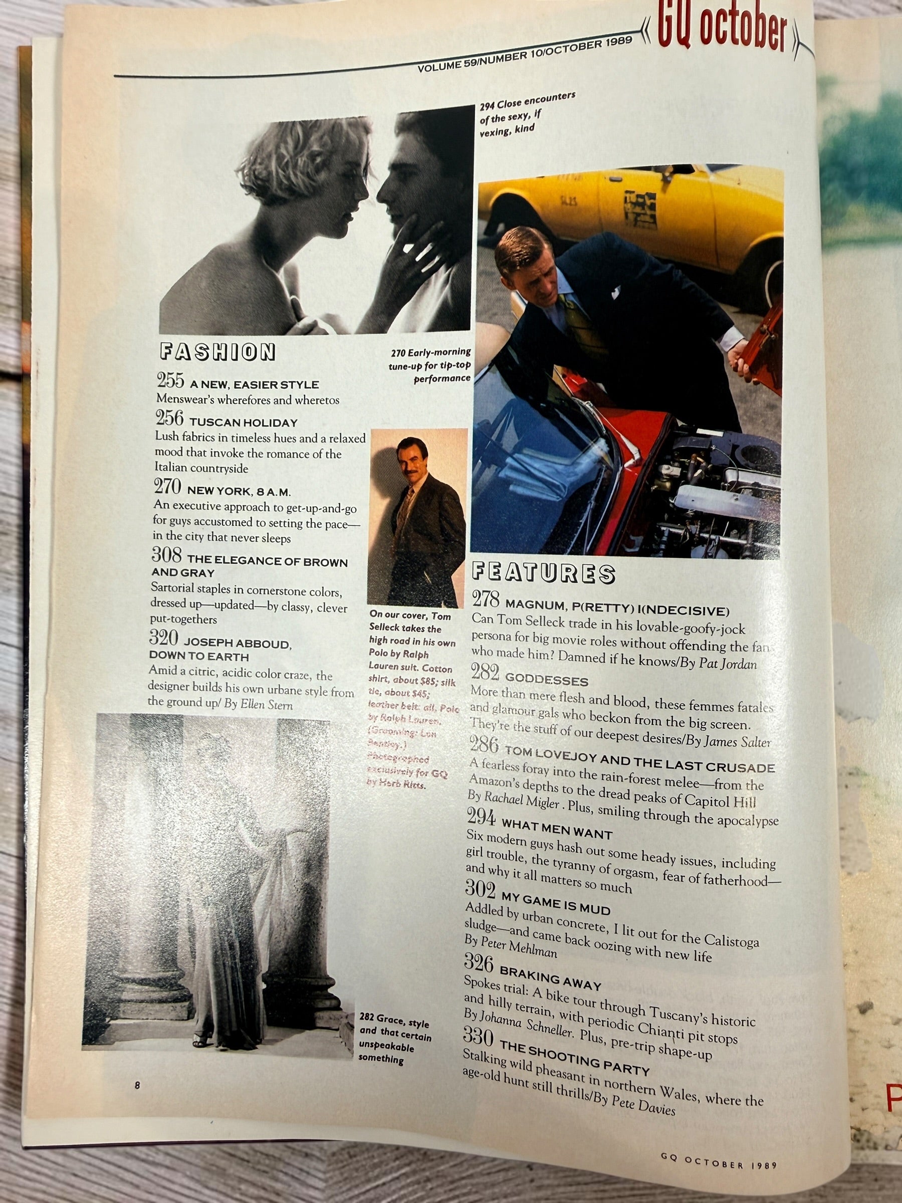 Vintage GQ October 1989 magazine featuring Tom Selleck cover story, Fall fashion editorial, Italian collections, Tuscany travel, and classic menswear content.