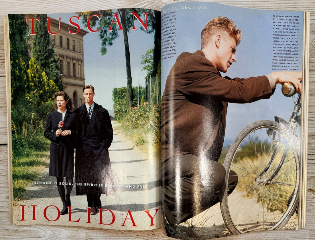Vintage GQ October 1989 magazine featuring Tom Selleck cover story, Fall fashion editorial, Italian collections, Tuscany travel, and classic menswear content.