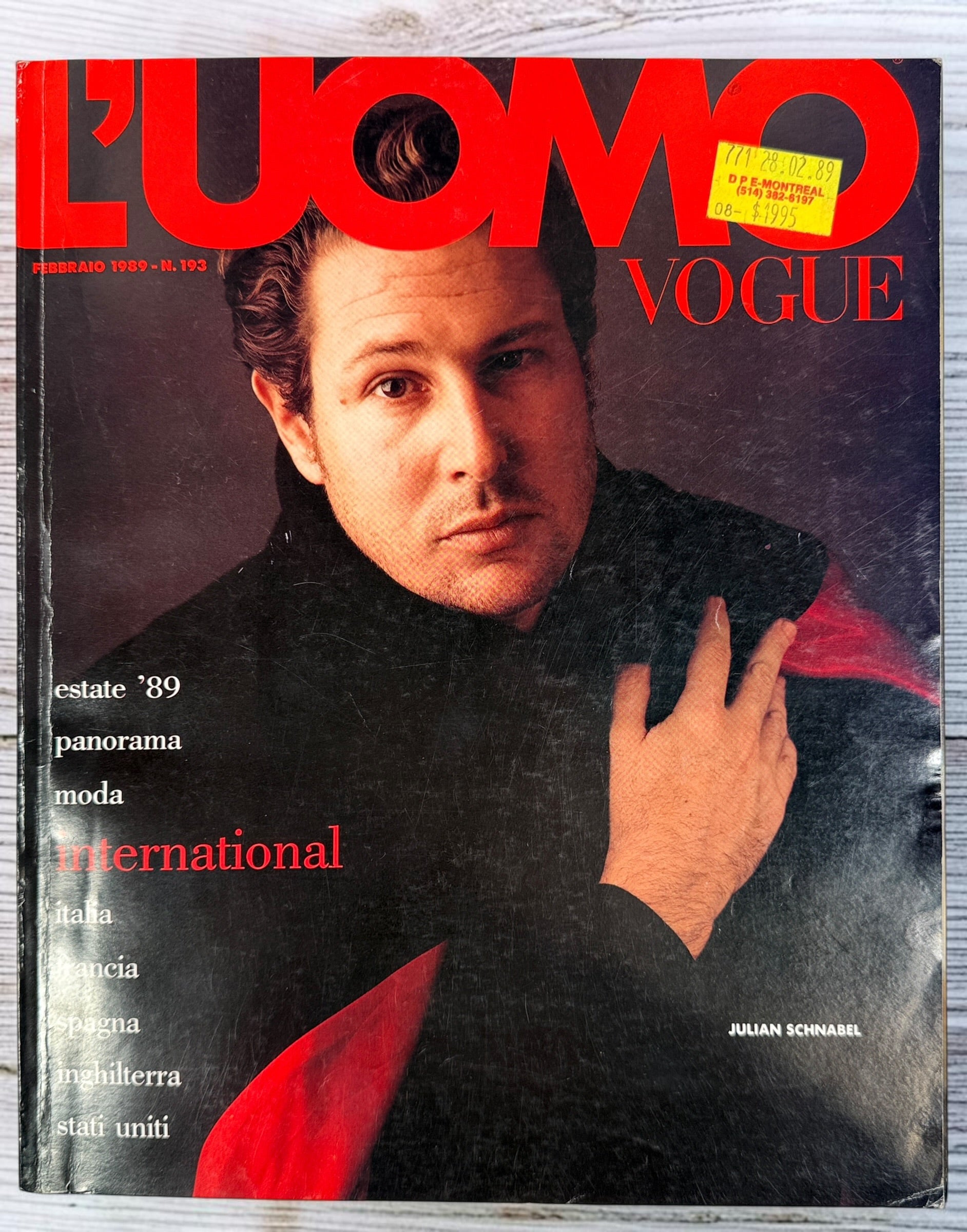 Vintage L’Uomo Vogue February 1989 Issue 193 featuring Julian Schnabel. Rare Italian fashion magazine covering menswear, art, design, and culture.