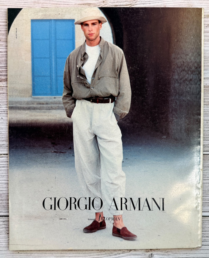 Vintage L’Uomo Vogue February 1989 Issue 193 featuring Julian Schnabel. Rare Italian fashion magazine covering menswear, art, design, and culture.