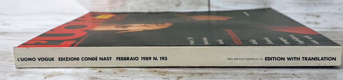 Vintage L’Uomo Vogue February 1989 Issue 193 featuring Julian Schnabel. Rare Italian fashion magazine covering menswear, art, design, and culture.