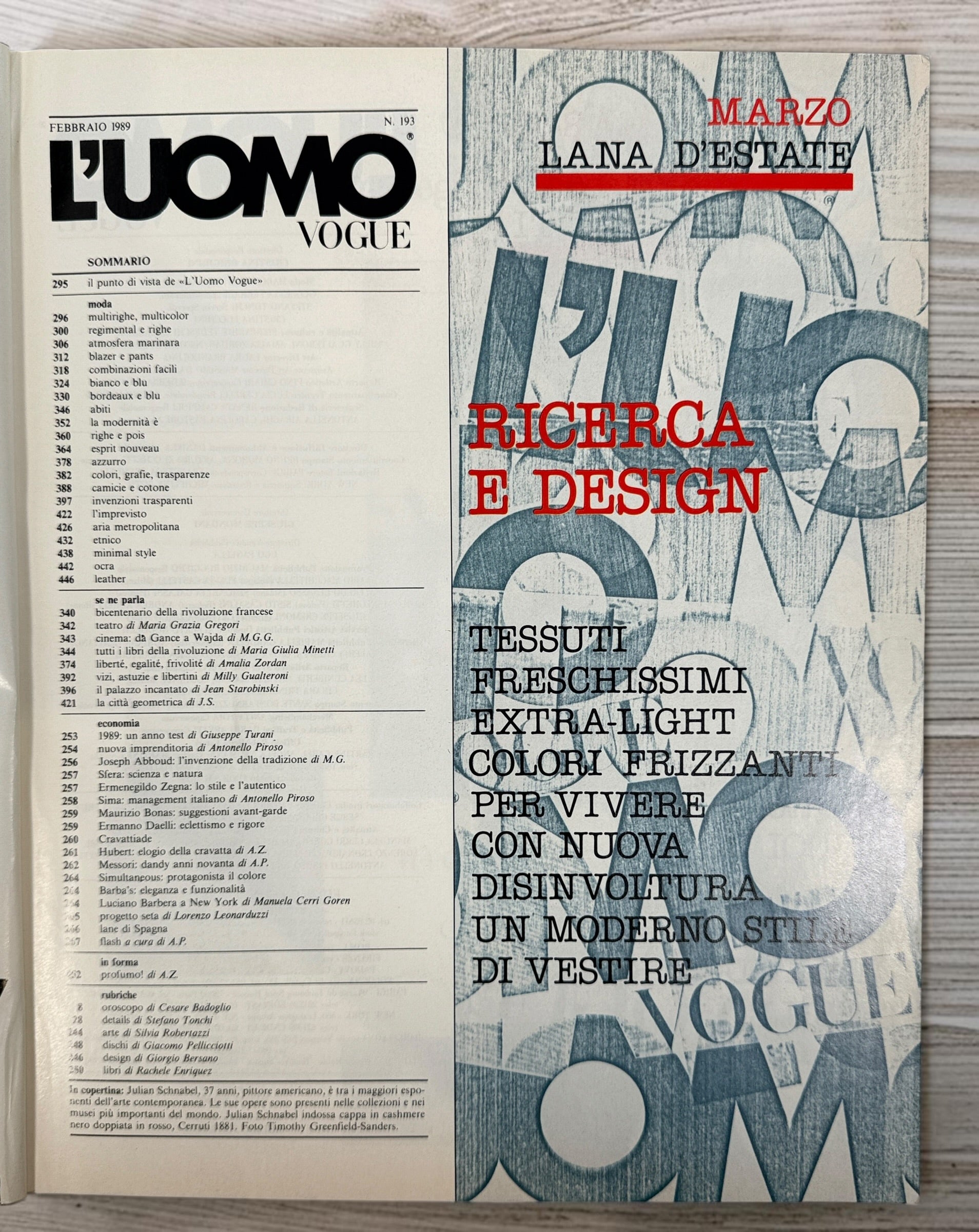 L'Uomo Vogue, February 1989, Julian Schnabel, Issue 193. – Éco