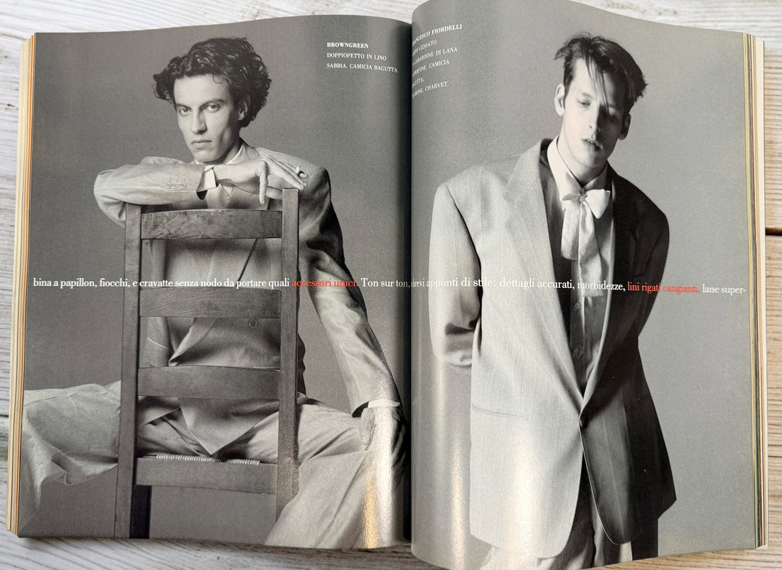 Vintage L’Uomo Vogue February 1989 Issue 193 featuring Julian Schnabel. Rare Italian fashion magazine covering menswear, art, design, and culture.