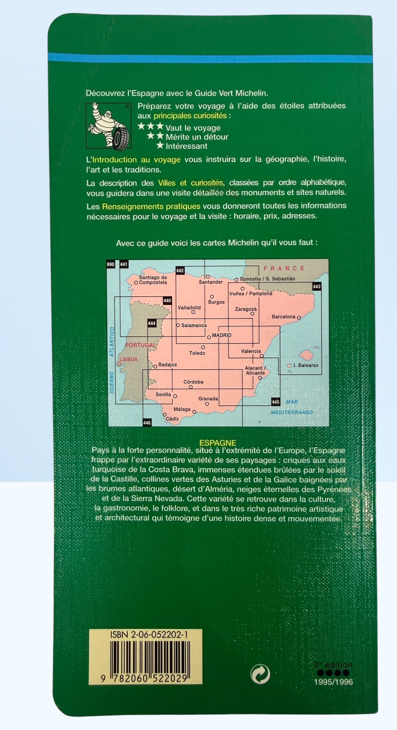 Vintage 1995 Michelin Espagne Green Guide in French. Classic Michelin travel book featuring maps, attractions, regional history, and travel information for Spain.