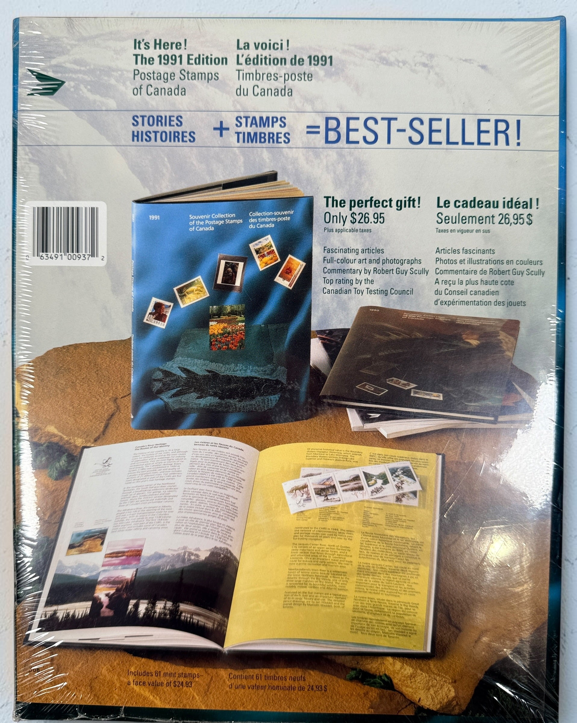 Factory-sealed 1991 Canada Post Stamp Collection Yearbook featuring 61 mint Canadian stamps, bilingual content, and original Canada Post presentation.