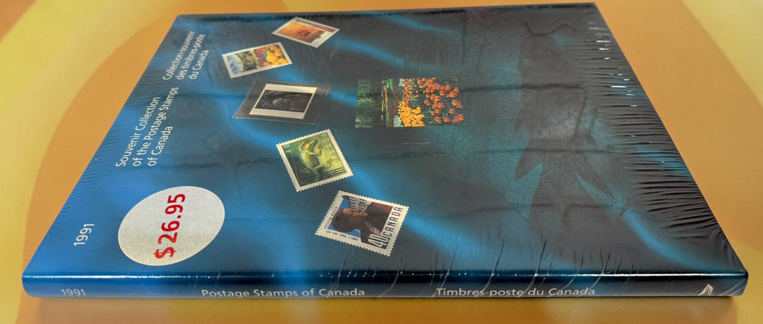 Factory-sealed 1991 Canada Post Stamp Collection Yearbook featuring 61 mint Canadian stamps, bilingual content, and original Canada Post presentation.