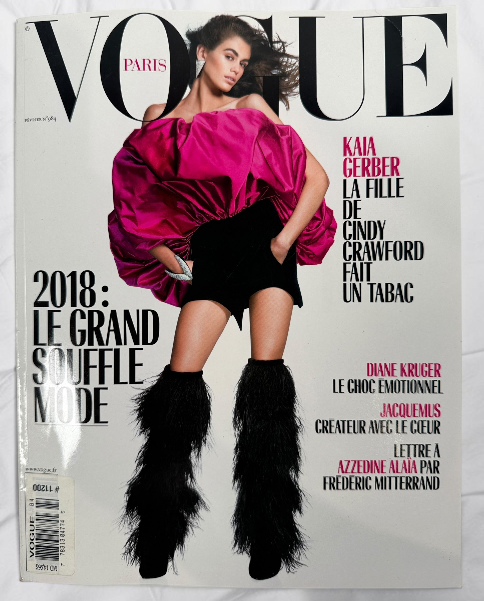 Collectible Vogue Paris February 2018 Issue 984 featuring Kaia Gerber cover, Diane Kruger, Jacquemus, Azzedine Alaïa tribute, and luxury fashion editorials.