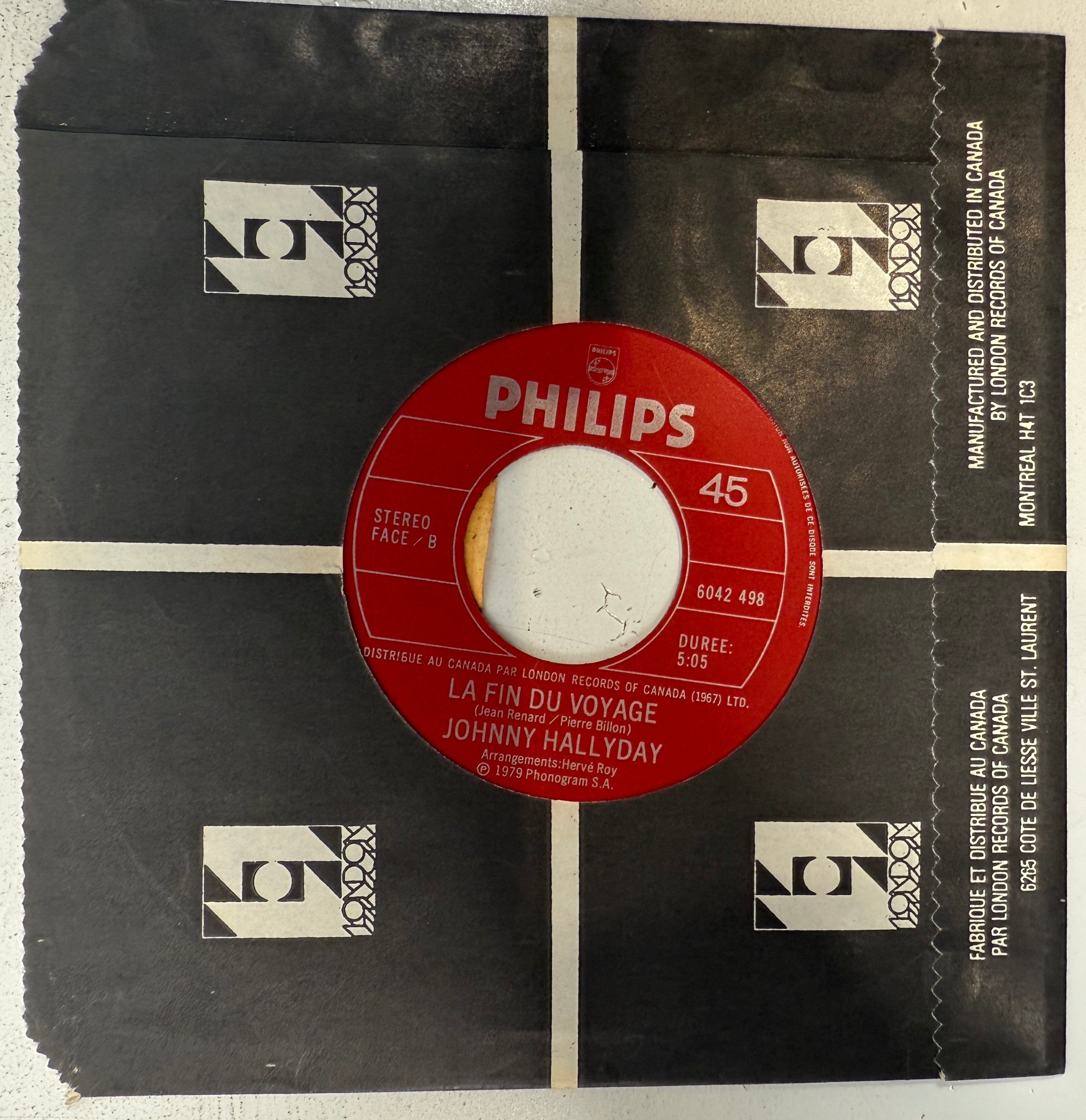 SEO Meta (160 characters): Rare 1979 Canadian Philips promo 45 “Toujours Là / La Fin du Voyage” by Johnny Hallyday, with ÉCHANTILLON label and original sleeve.