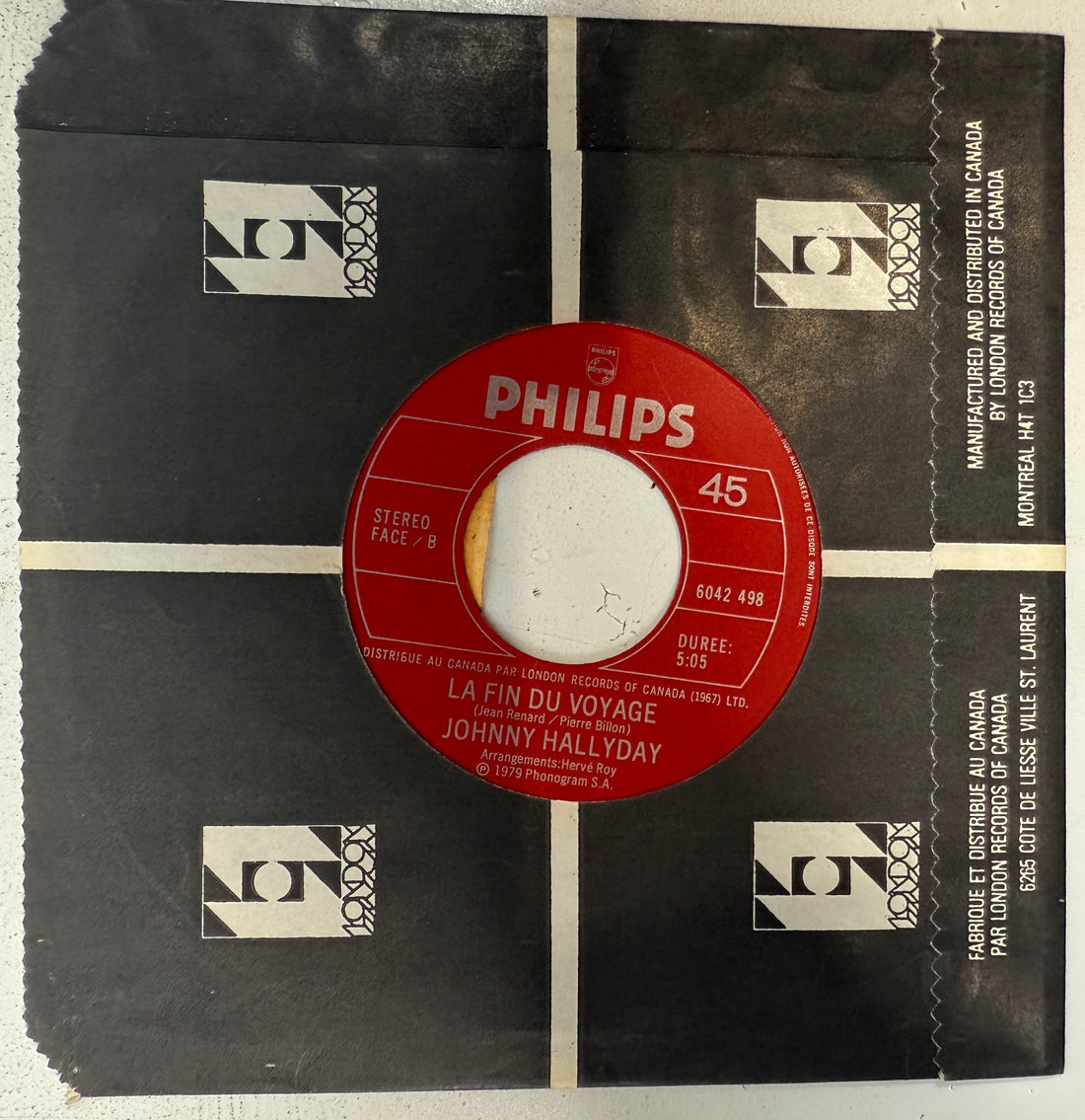 SEO Meta (160 characters): Rare 1979 Canadian Philips promo 45 “Toujours Là / La Fin du Voyage” by Johnny Hallyday, with ÉCHANTILLON label and original sleeve.