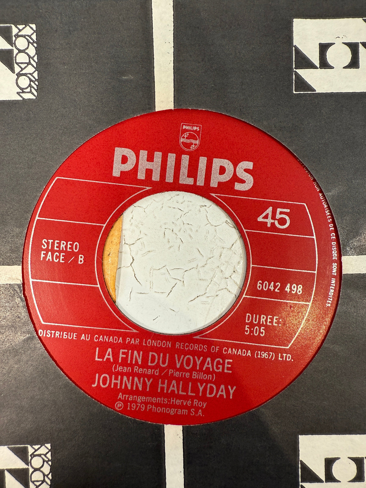 SEO Meta (160 characters): Rare 1979 Canadian Philips promo 45 “Toujours Là / La Fin du Voyage” by Johnny Hallyday, with ÉCHANTILLON label and original sleeve.