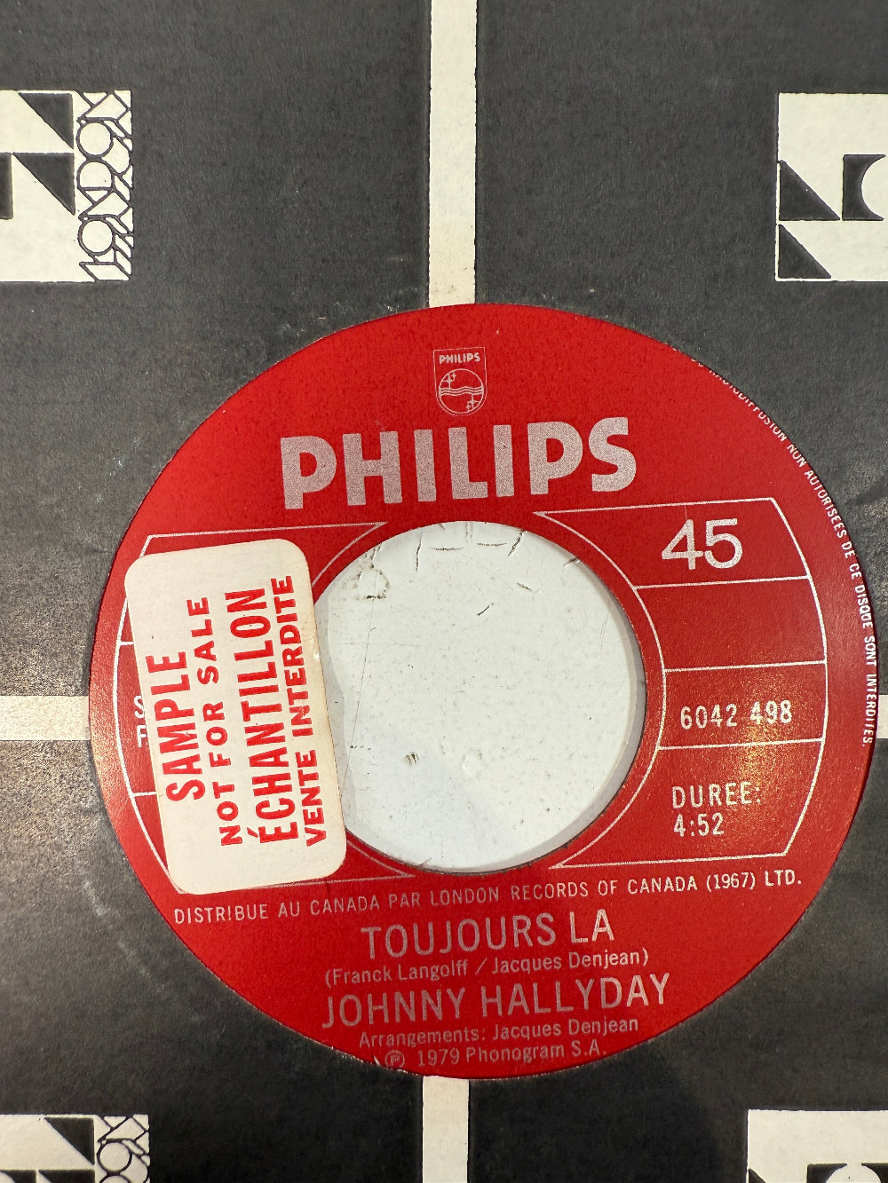 SEO Meta (160 characters): Rare 1979 Canadian Philips promo 45 “Toujours Là / La Fin du Voyage” by Johnny Hallyday, with ÉCHANTILLON label and original sleeve.