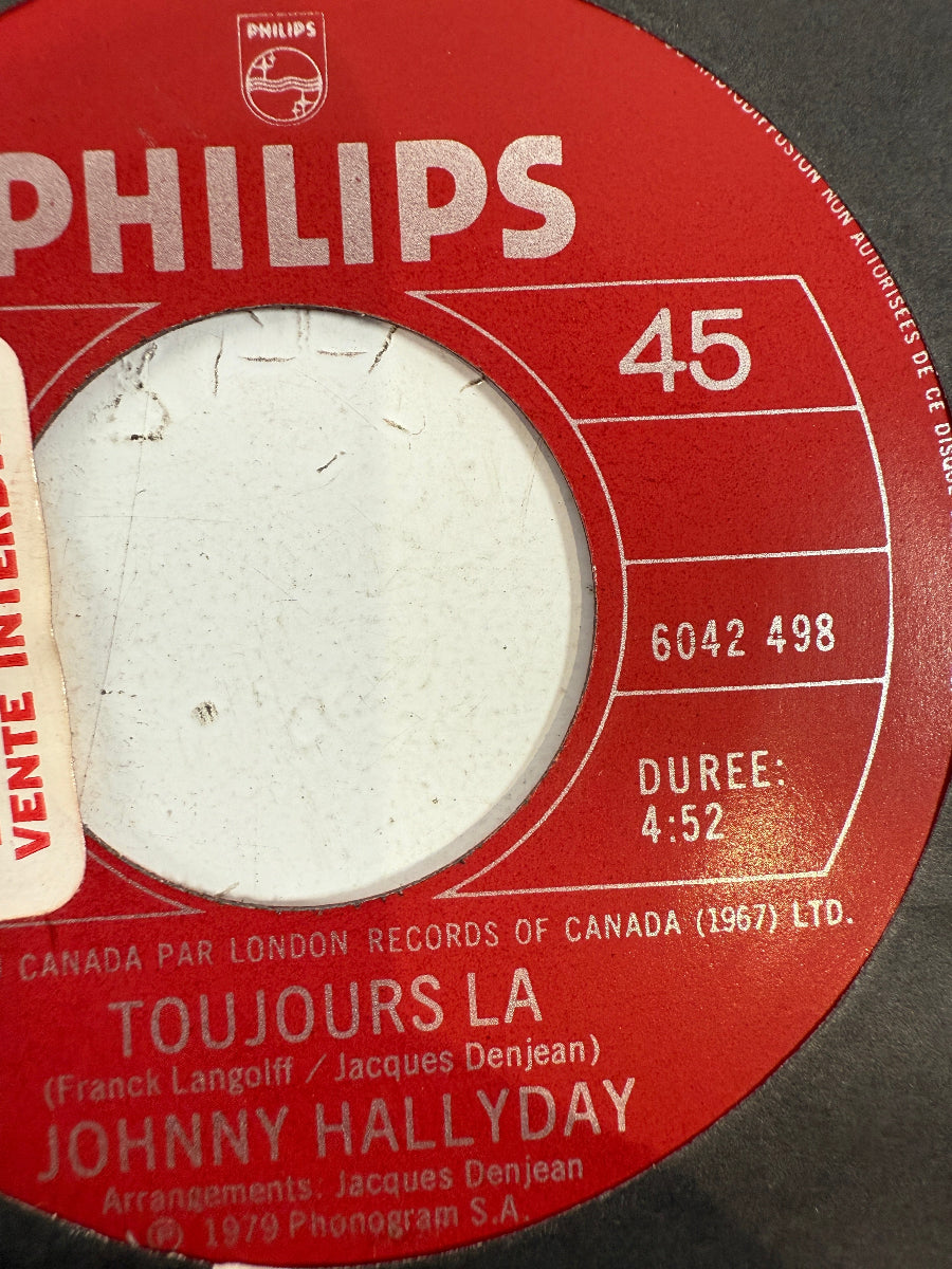 SEO Meta (160 characters): Rare 1979 Canadian Philips promo 45 “Toujours Là / La Fin du Voyage” by Johnny Hallyday, with ÉCHANTILLON label and original sleeve.