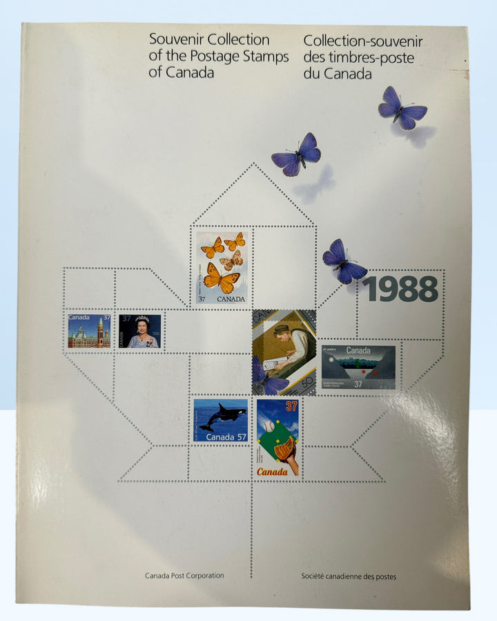 Official Canada Post 1988 stamp collection album featuring mint Canadian commemorative and definitive stamps, Olympics, wildlife, butterflies, and Canadiana themes.