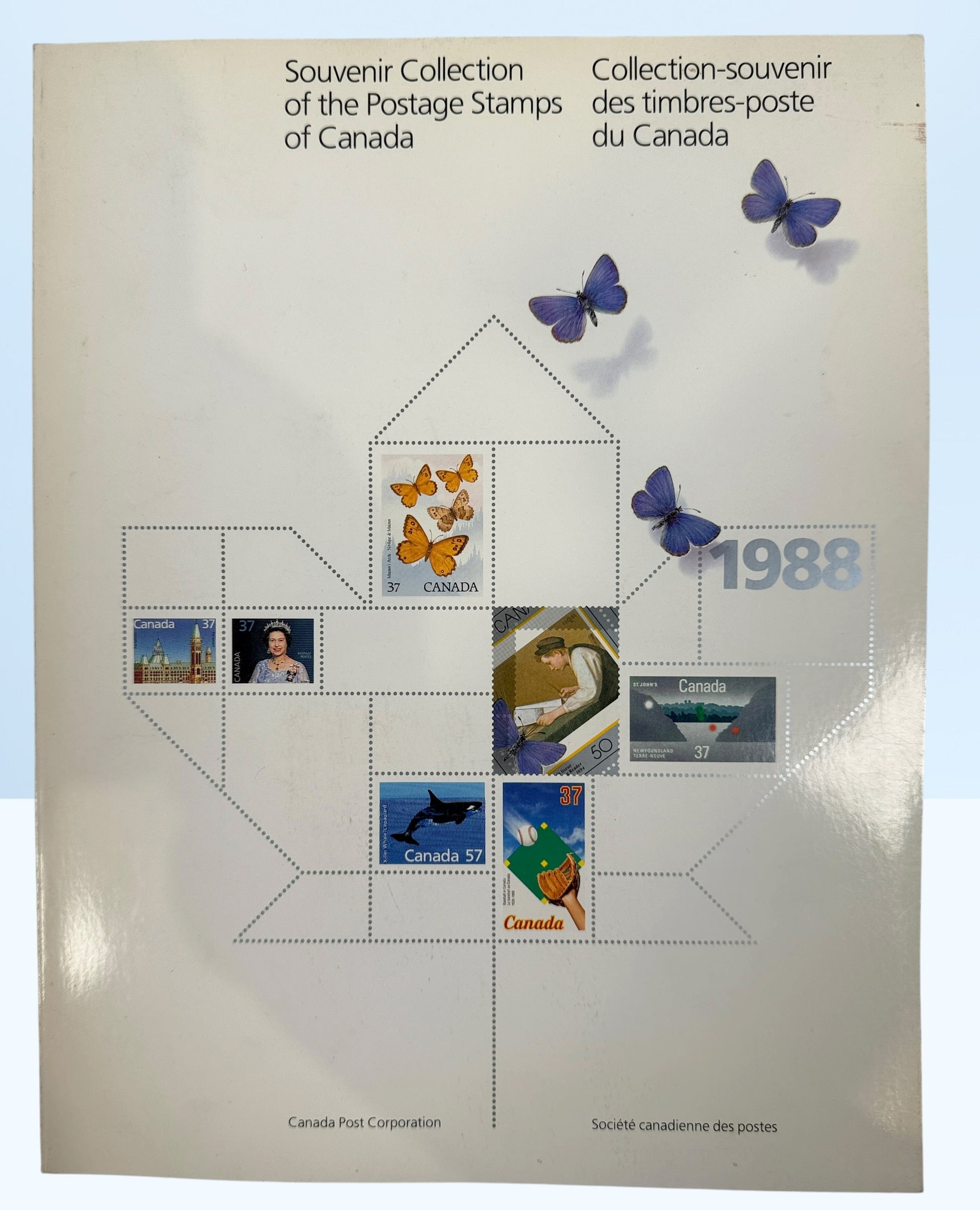 Official Canada Post 1988 stamp collection album featuring mint Canadian commemorative and definitive stamps, Olympics, wildlife, butterflies, and Canadiana themes.