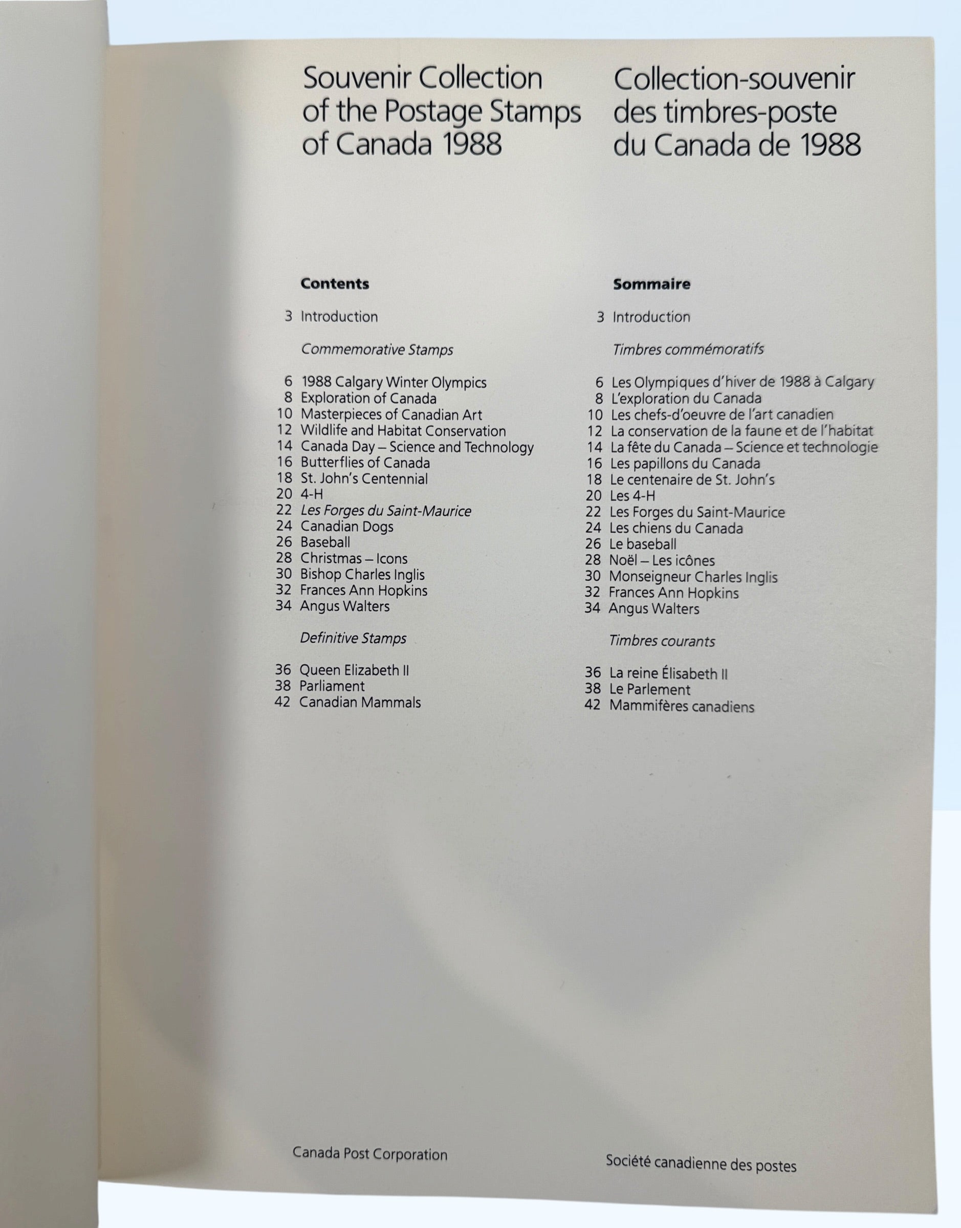 Official Canada Post 1988 stamp collection album featuring mint Canadian commemorative and definitive stamps, Olympics, wildlife, butterflies, and Canadiana themes.