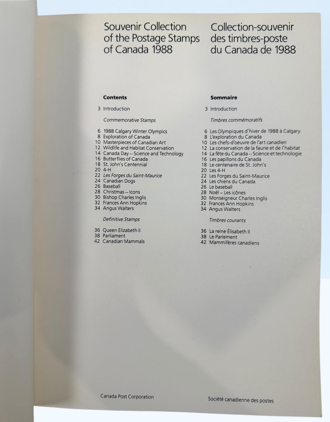 Official Canada Post 1988 stamp collection album featuring mint Canadian commemorative and definitive stamps, Olympics, wildlife, butterflies, and Canadiana themes.