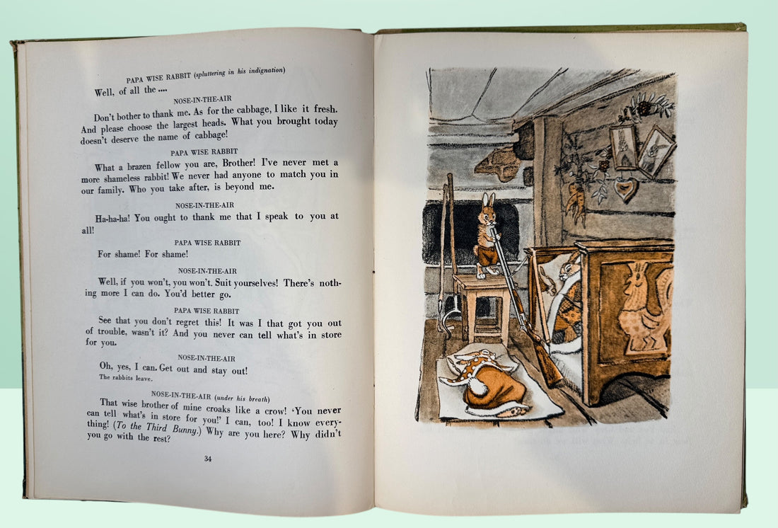 Vintage Soviet children’s book Rabbit Nose-in-the-Air by Sergei Mikhalkov. Illustrated English-language Moscow edition with charming E. Rachev artwork.