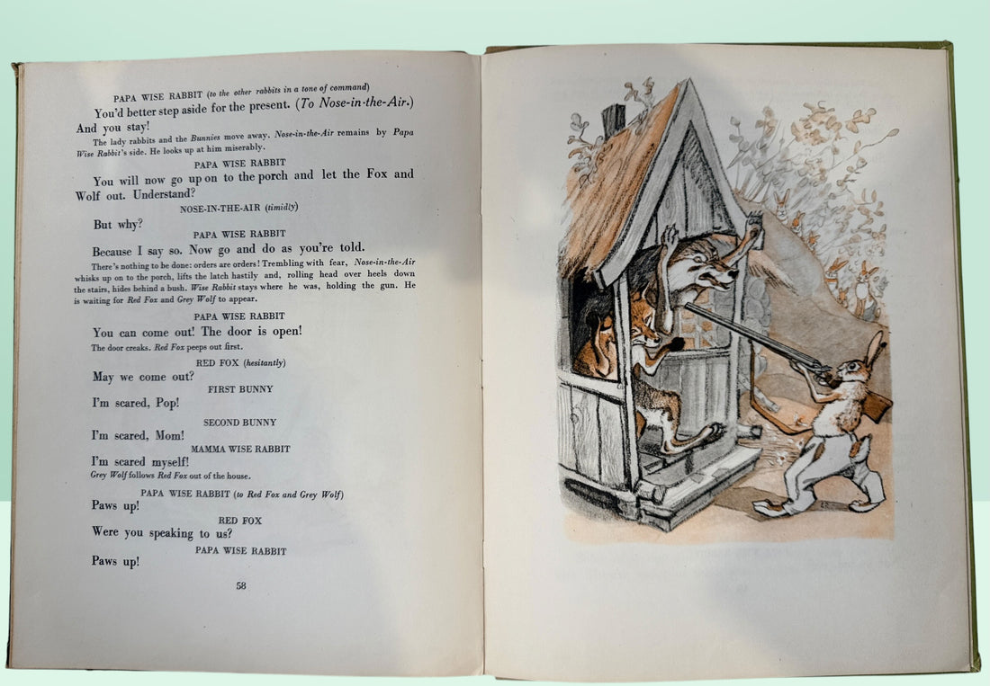 Vintage Soviet children’s book Rabbit Nose-in-the-Air by Sergei Mikhalkov. Illustrated English-language Moscow edition with charming E. Rachev artwork.