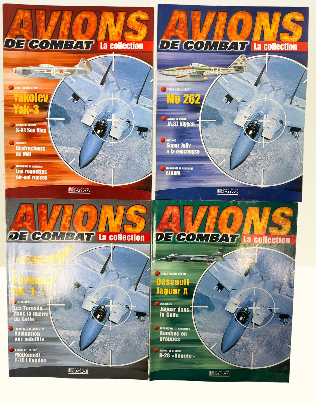 Lot of 4 Avions de Combat La Collection military aviation magazines from Éditions Atlas featuring Yak-3, Me 262, Tornado GR.1 and Jaguar A aircraft.