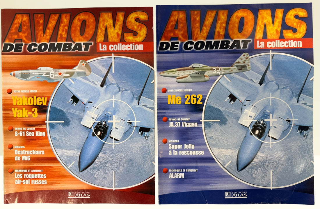 Lot of 4 Avions de Combat La Collection military aviation magazines from Éditions Atlas featuring Yak-3, Me 262, Tornado GR.1 and Jaguar A aircraft.