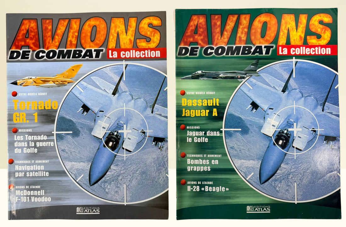 Lot of 4 Avions de Combat La Collection military aviation magazines from Éditions Atlas featuring Yak-3, Me 262, Tornado GR.1 and Jaguar A aircraft.