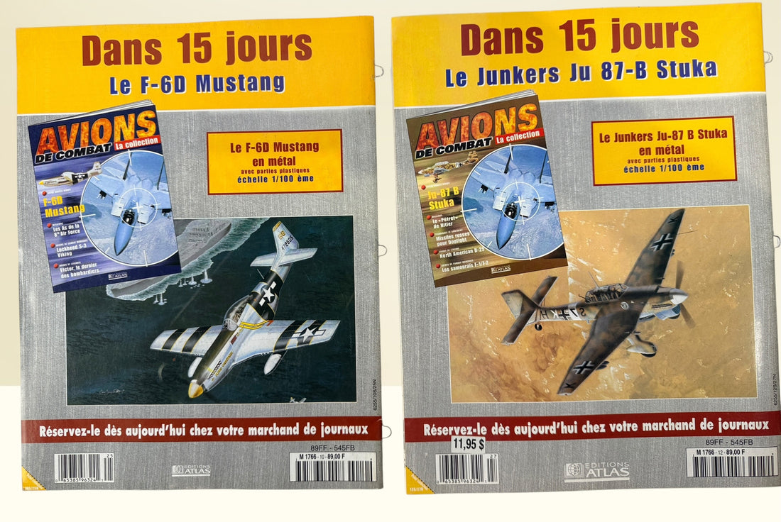 Lot of 4 Avions de Combat La Collection military aviation magazines from Éditions Atlas featuring Yak-3, Me 262, Tornado GR.1 and Jaguar A aircraft.