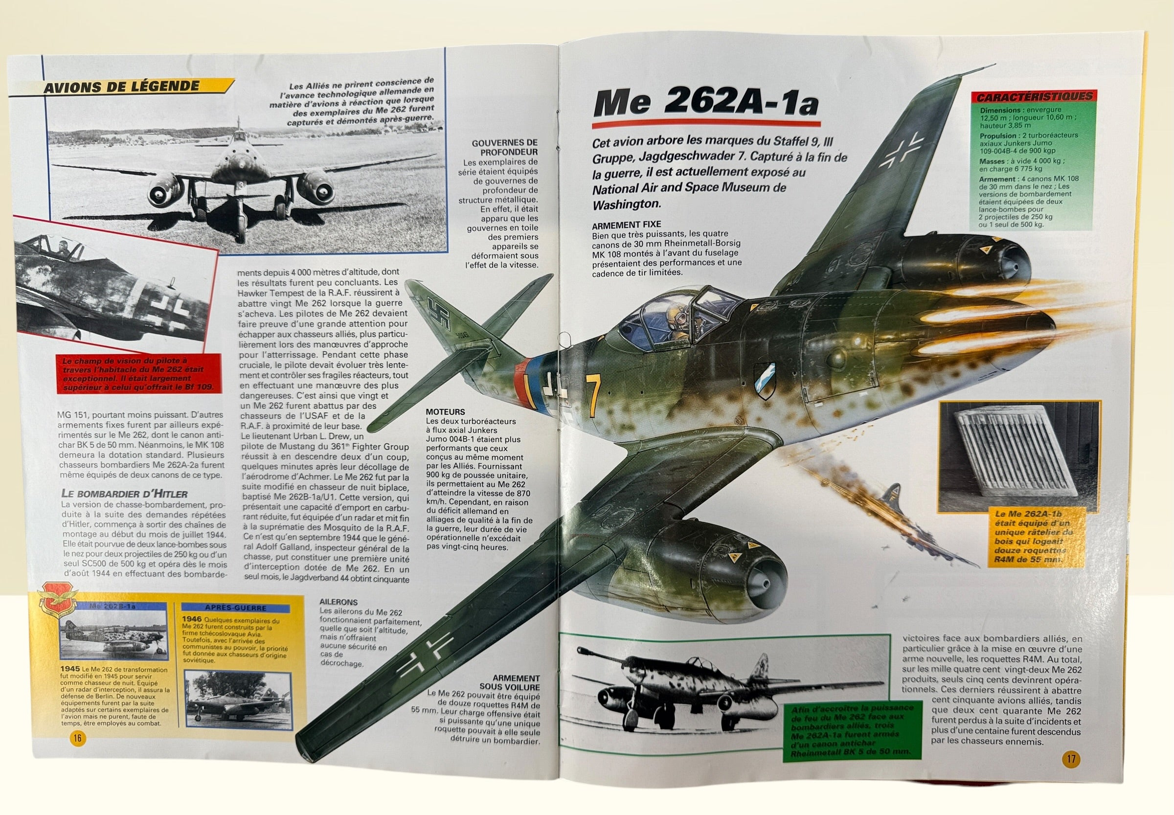 Lot of 4 Avions de Combat La Collection military aviation magazines from Éditions Atlas featuring Yak-3, Me 262, Tornado GR.1 and Jaguar A aircraft.