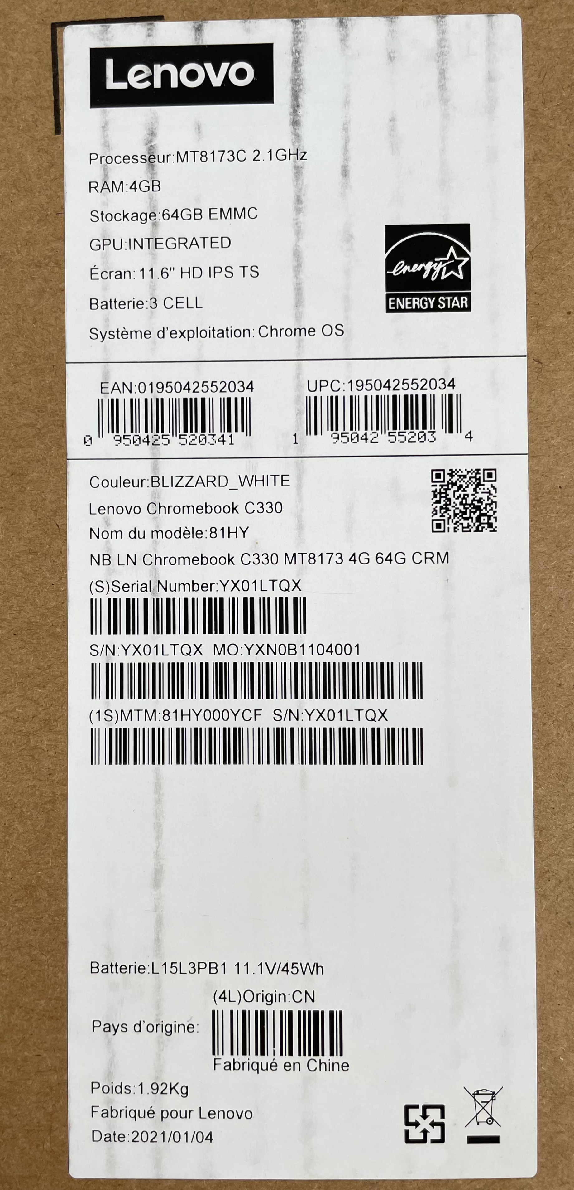 Lenovo Chromebook C330 11.6″ Convertible Touch Laptop – 4 GB / 64 GB – White