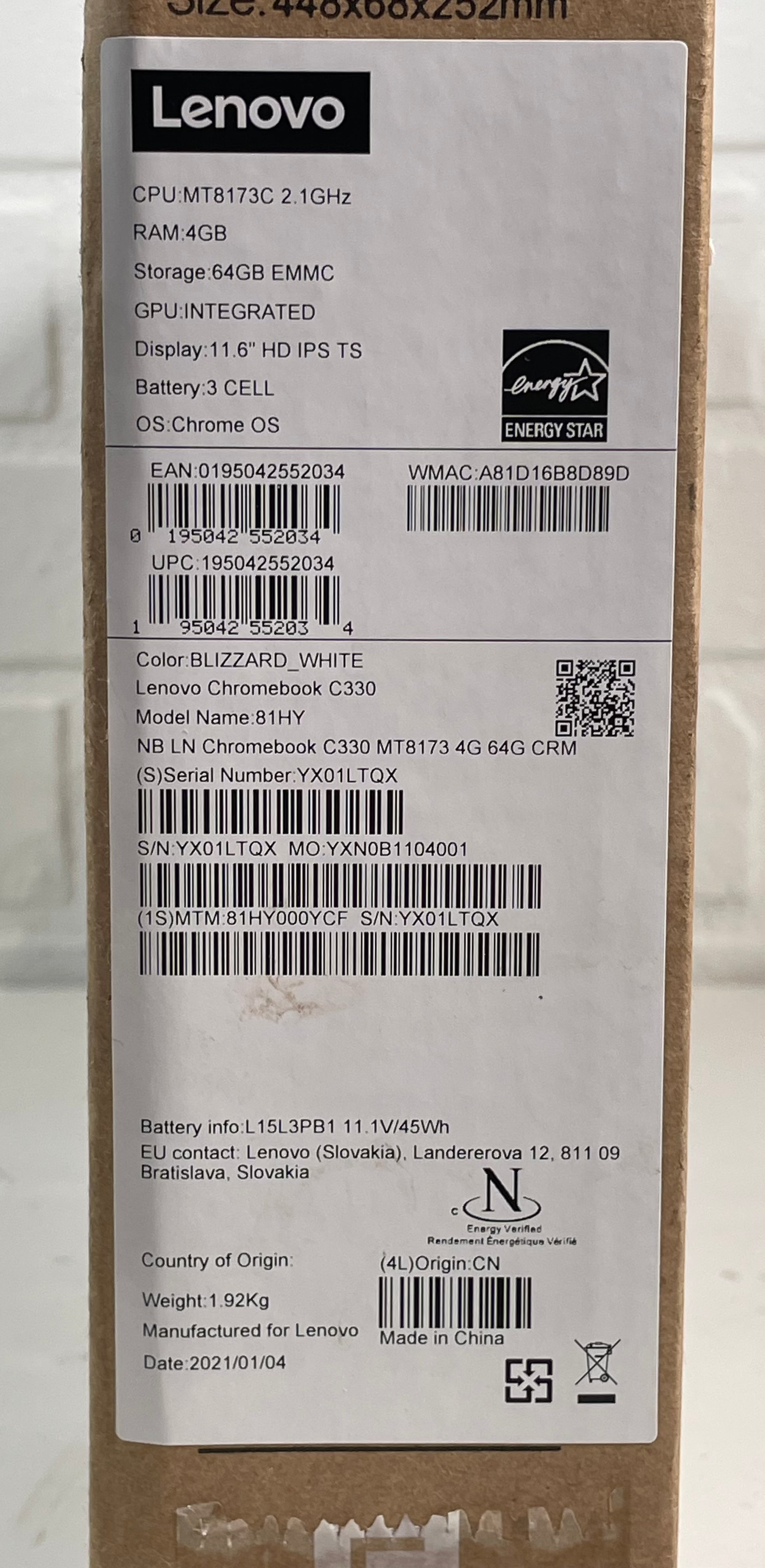 Lenovo Chromebook C330 11.6″ Convertible Touch Laptop – 4 GB / 64 GB – White