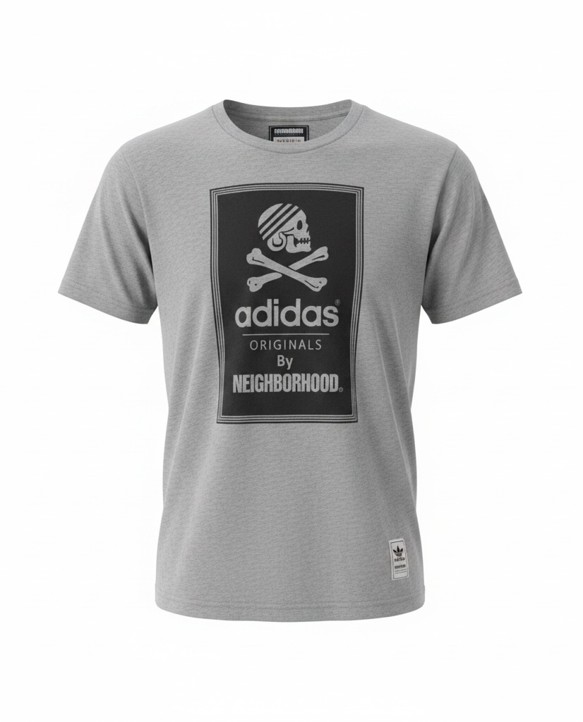Authentic Adidas Originals x Neighborhood graphic T-shirt in size medium featuring skull artwork, V-neck styling, and collectible Japanese streetwear appeal.