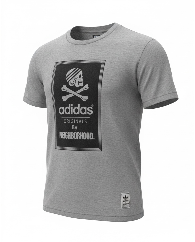 Authentic Adidas Originals x Neighborhood graphic T-shirt in size medium featuring skull artwork, V-neck styling, and collectible Japanese streetwear appeal.