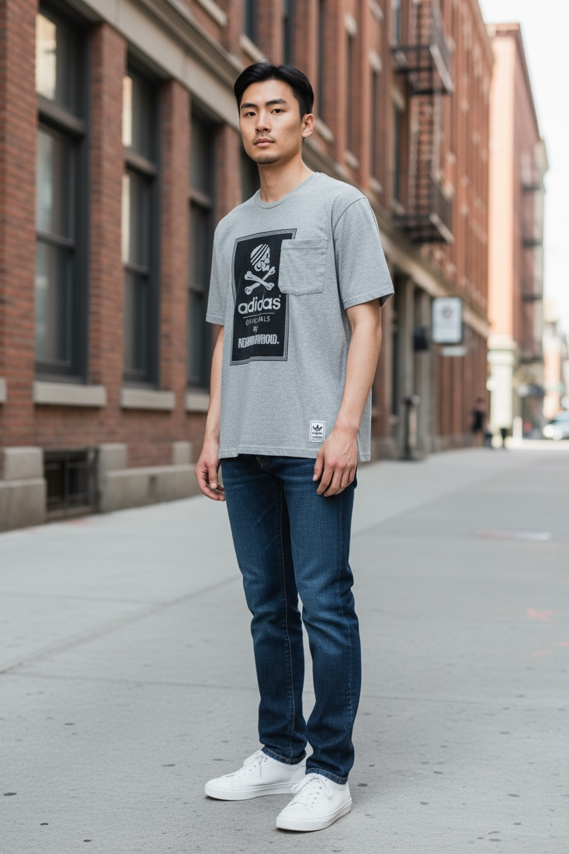 Authentic Adidas Originals x Neighborhood graphic T-shirt in size medium featuring skull artwork, V-neck styling, and collectible Japanese streetwear appeal.