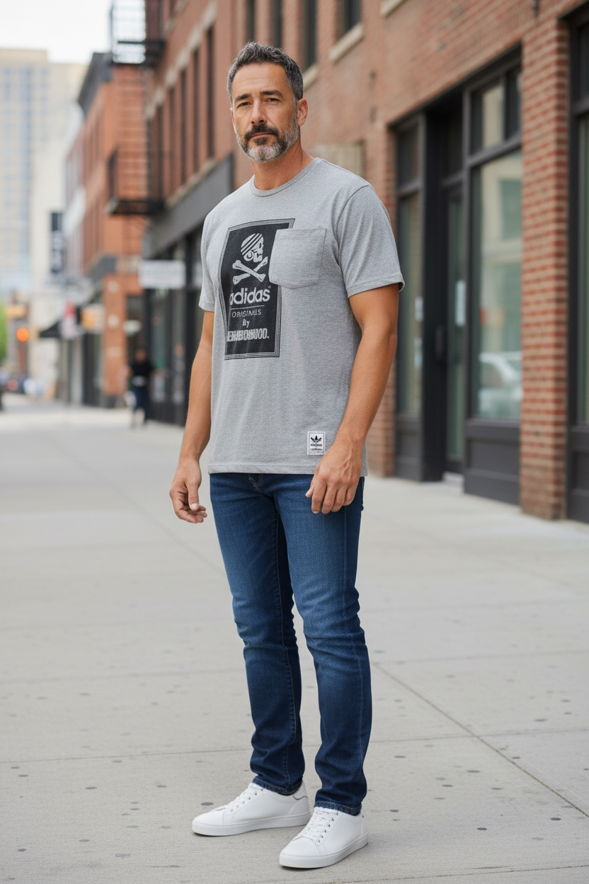 Authentic Adidas Originals x Neighborhood graphic T-shirt in size medium featuring skull artwork, V-neck styling, and collectible Japanese streetwear appeal.