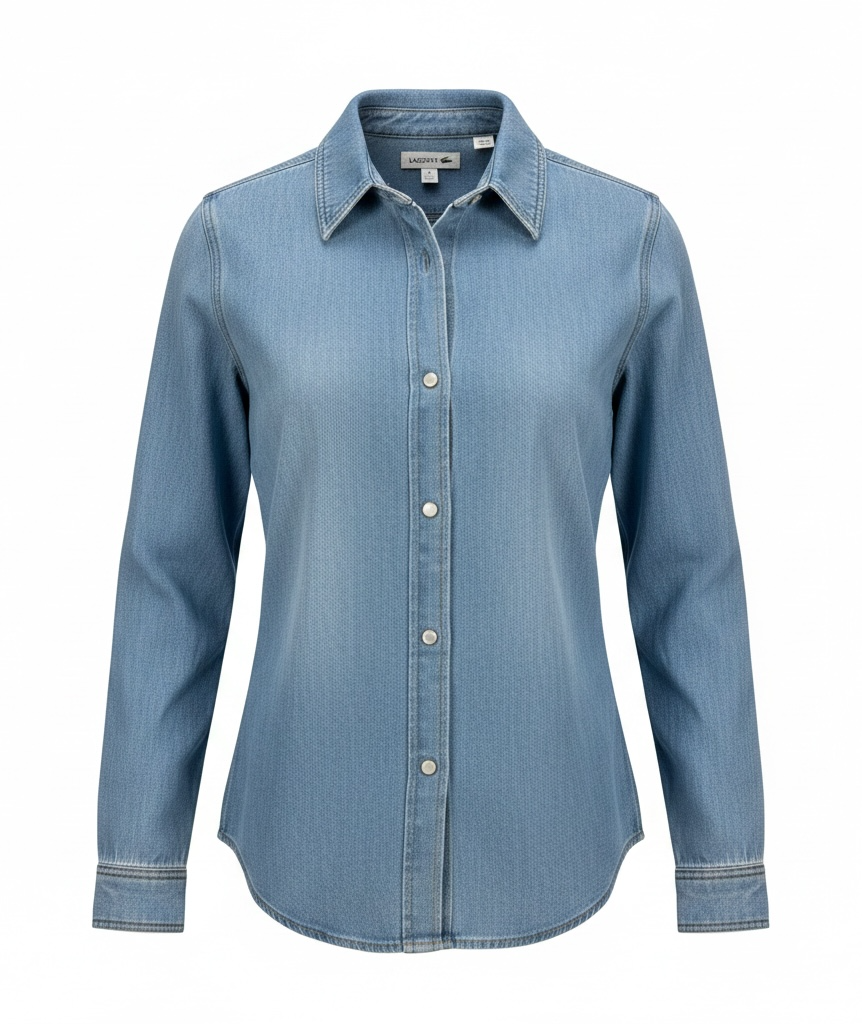Authentic Lacoste kids denim overshirt in size 8 featuring snap-button closure, chest pockets, and classic crocodile logo. Light wash designer children’s wear.