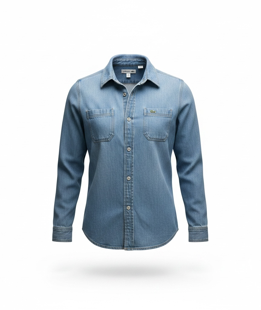 Authentic Lacoste kids denim overshirt in size 8 featuring snap-button closure, chest pockets, and classic crocodile logo. Light wash designer children’s wear.