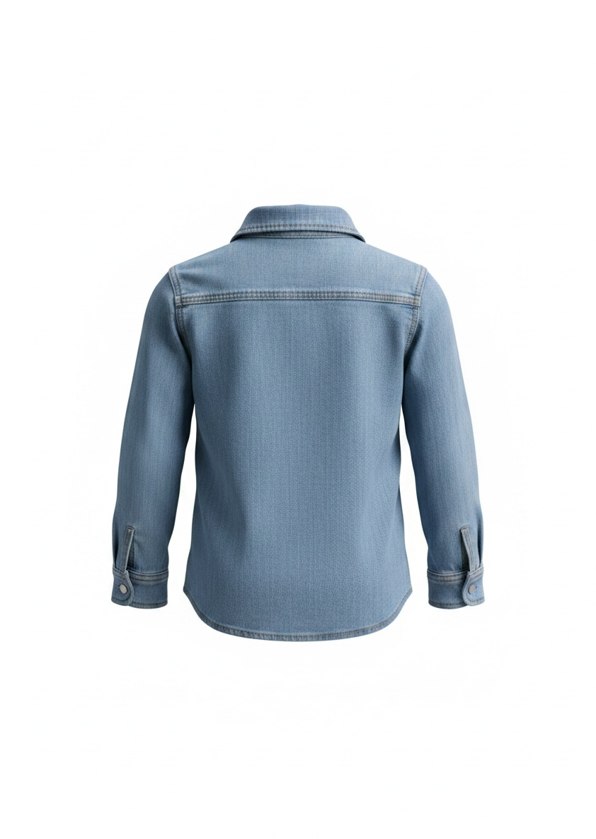 Authentic Lacoste kids denim overshirt in size 8 featuring snap-button closure, chest pockets, and classic crocodile logo. Light wash designer children’s wear.